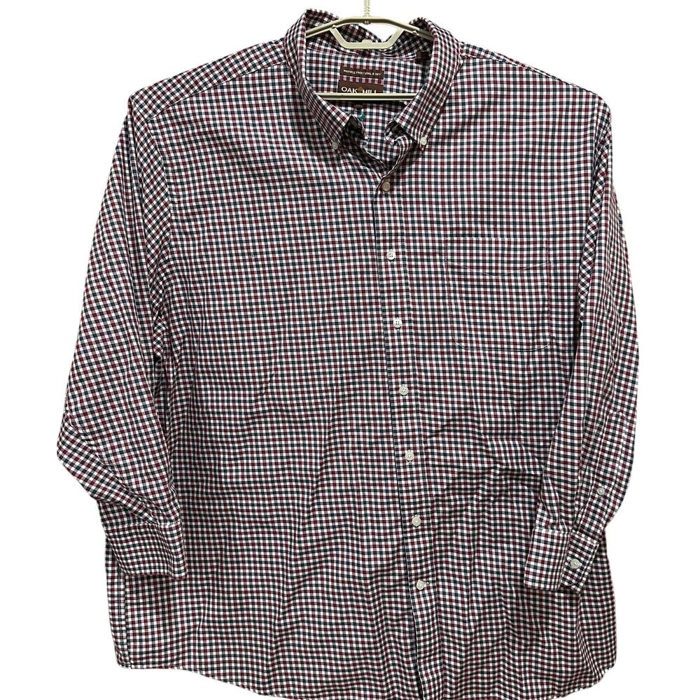 Oak Hill Button Down Shirt 3XL Red White Blue Plaid Wrinkle Free 100% Cotton